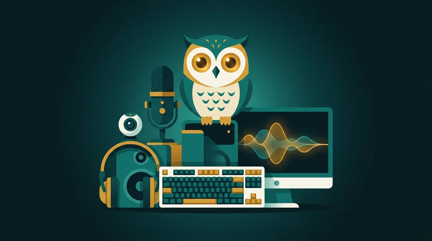 The Gear Owl mascot surrounded by creator and home-office gear